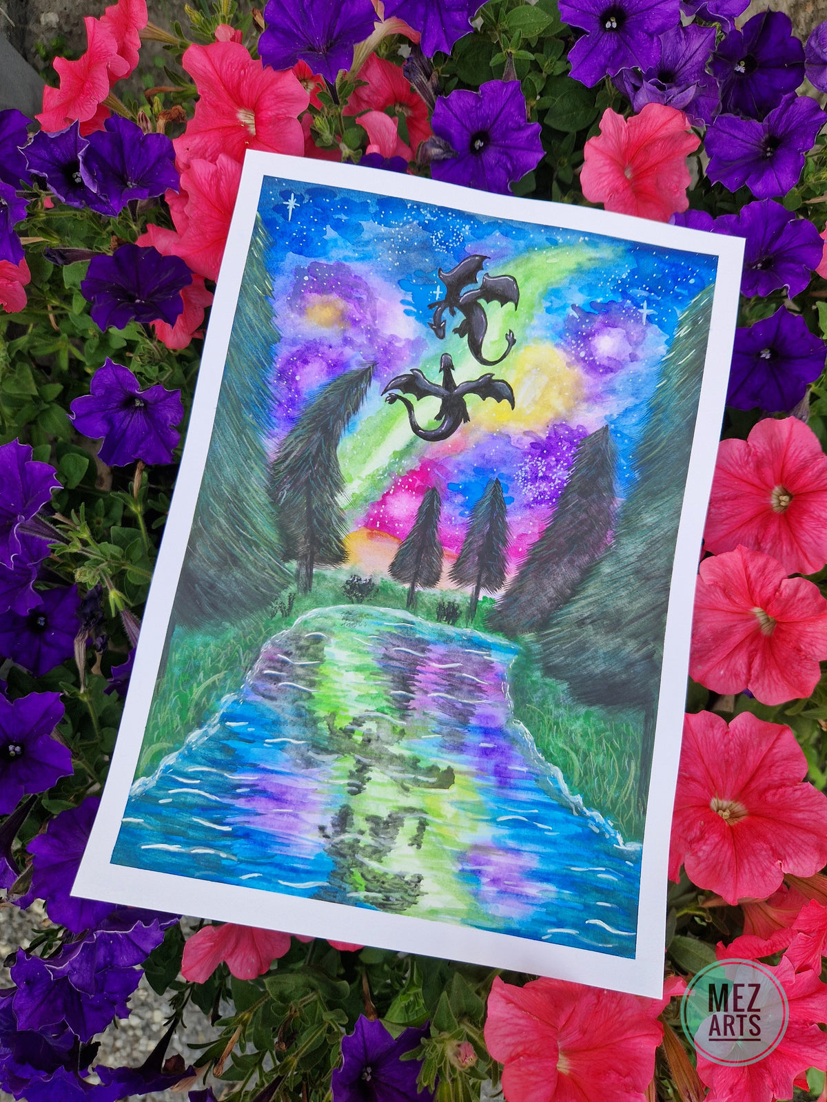 Dancing dragons in the night sky | original watercolour painting A4