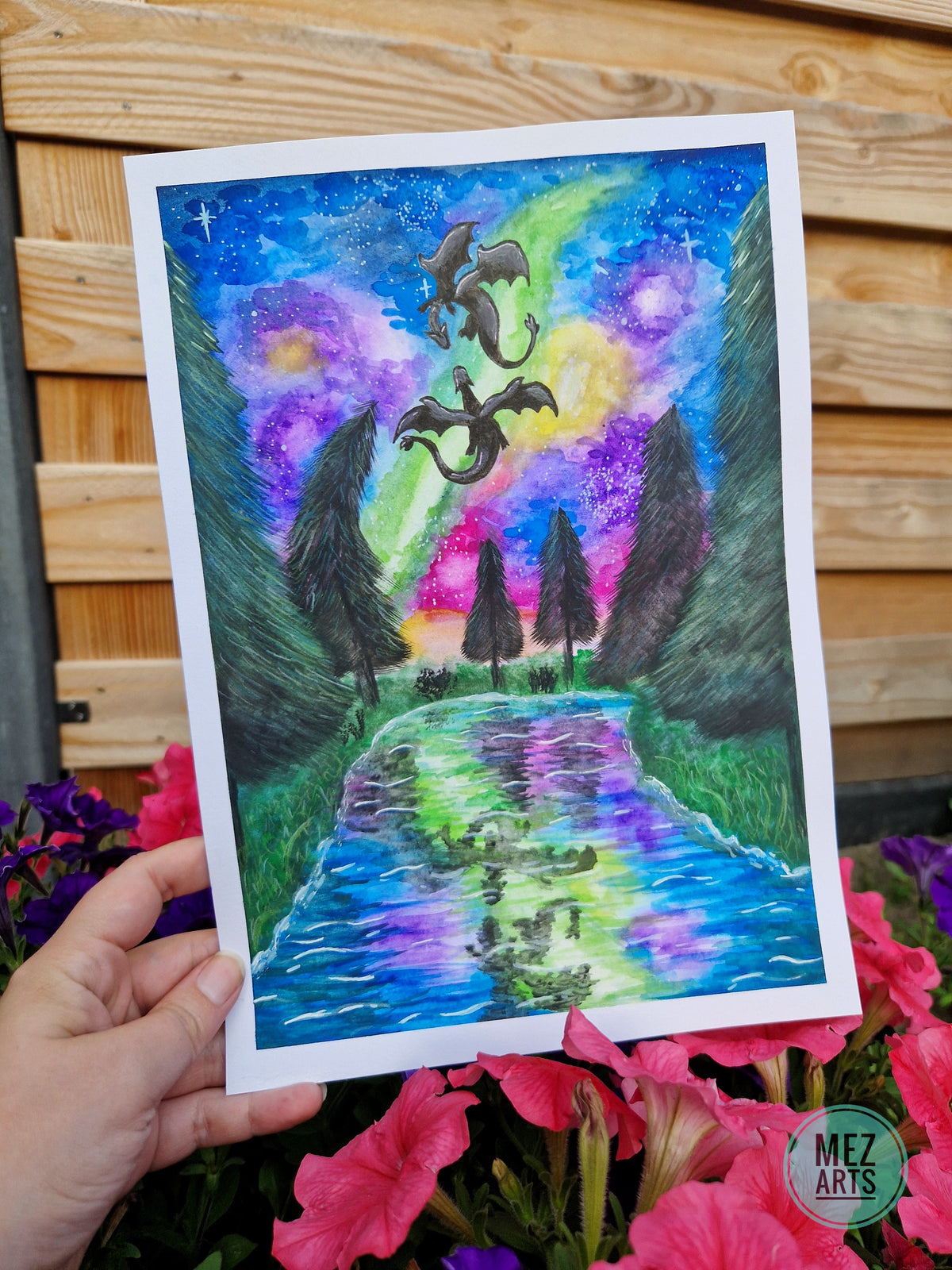 Dancing dragons in the night sky | original watercolour painting A4