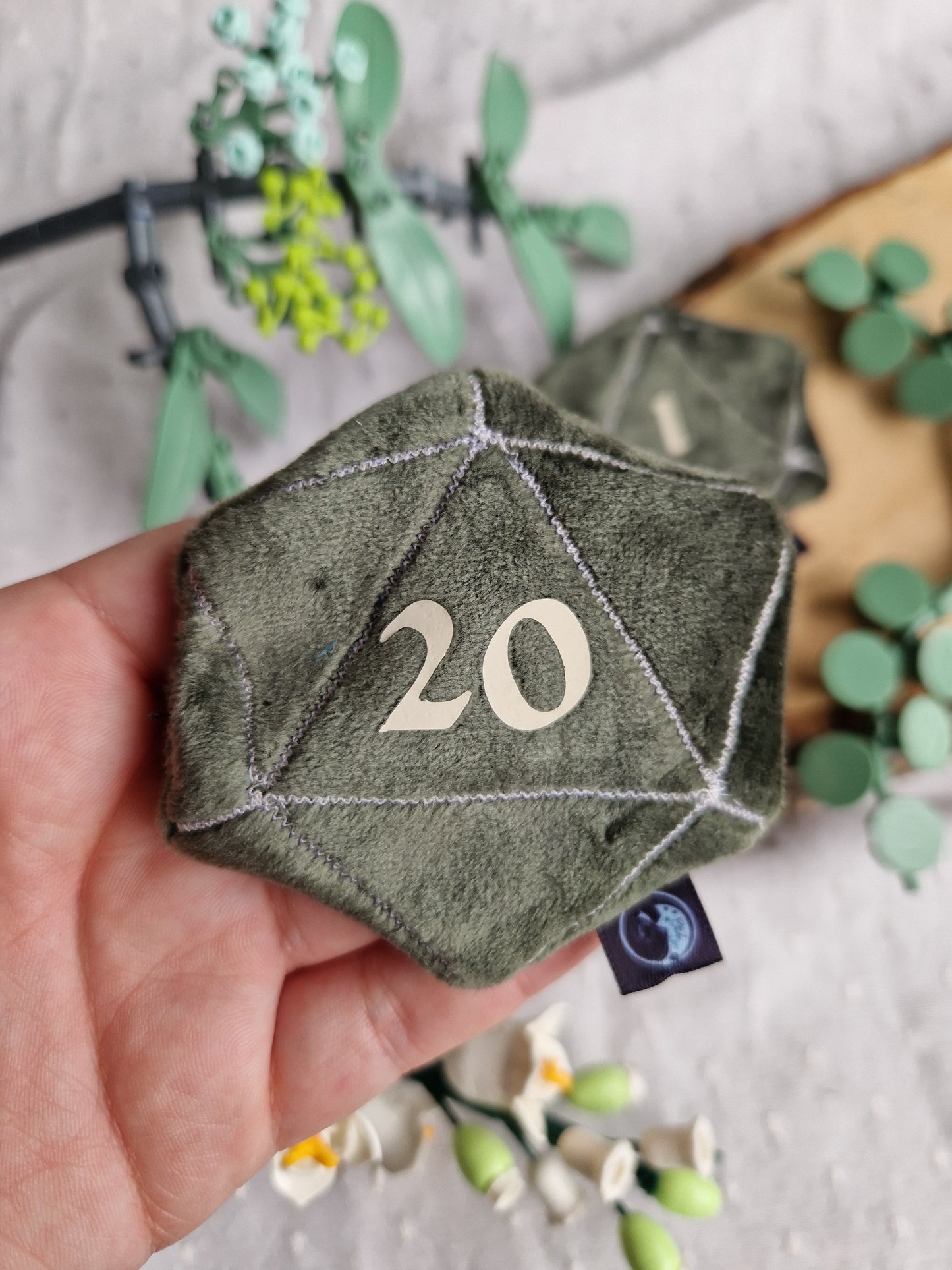 Dice D20 - fidget plush - dark green with white