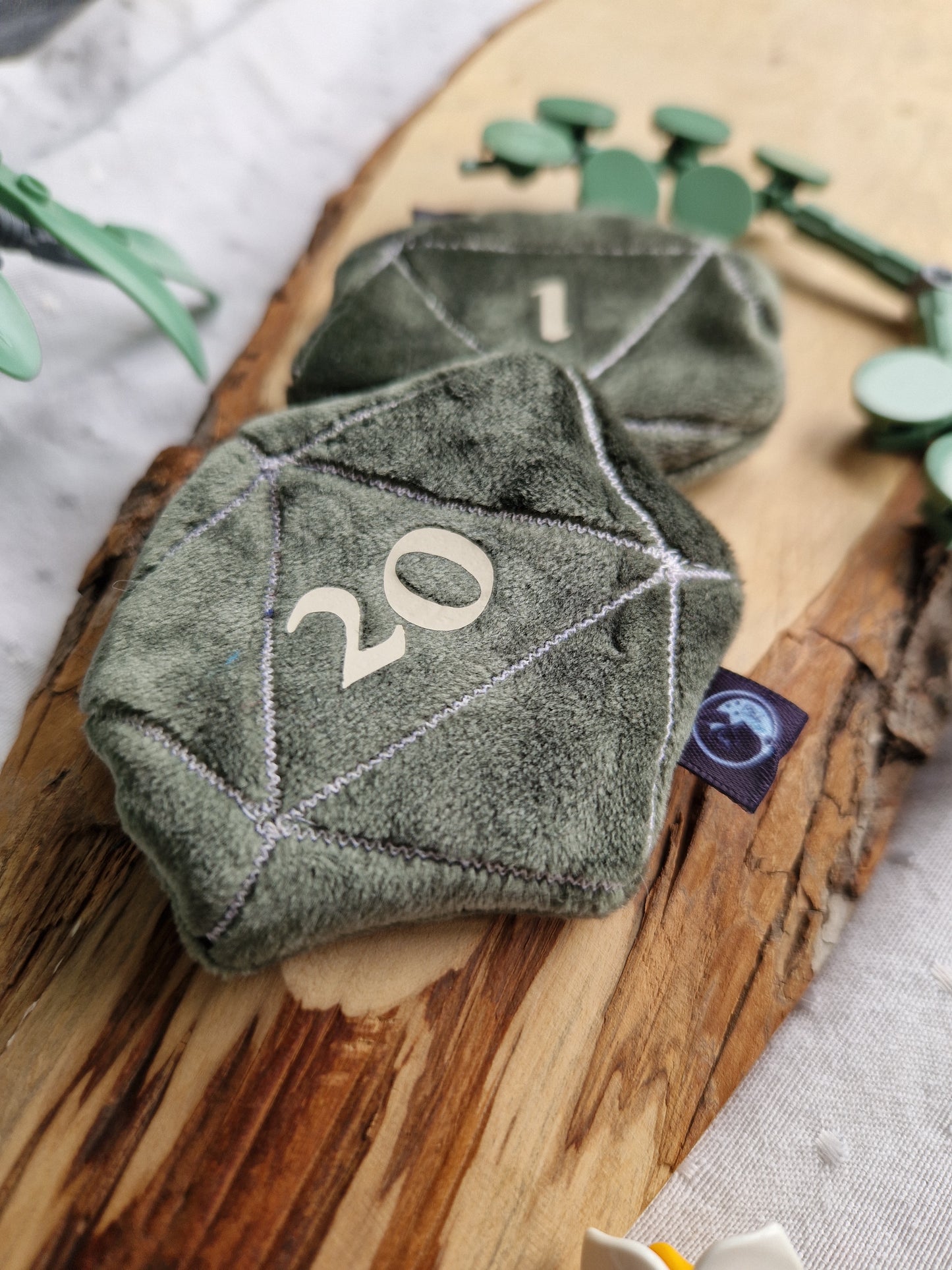 Dice D20 - fidget plush - dark green with white