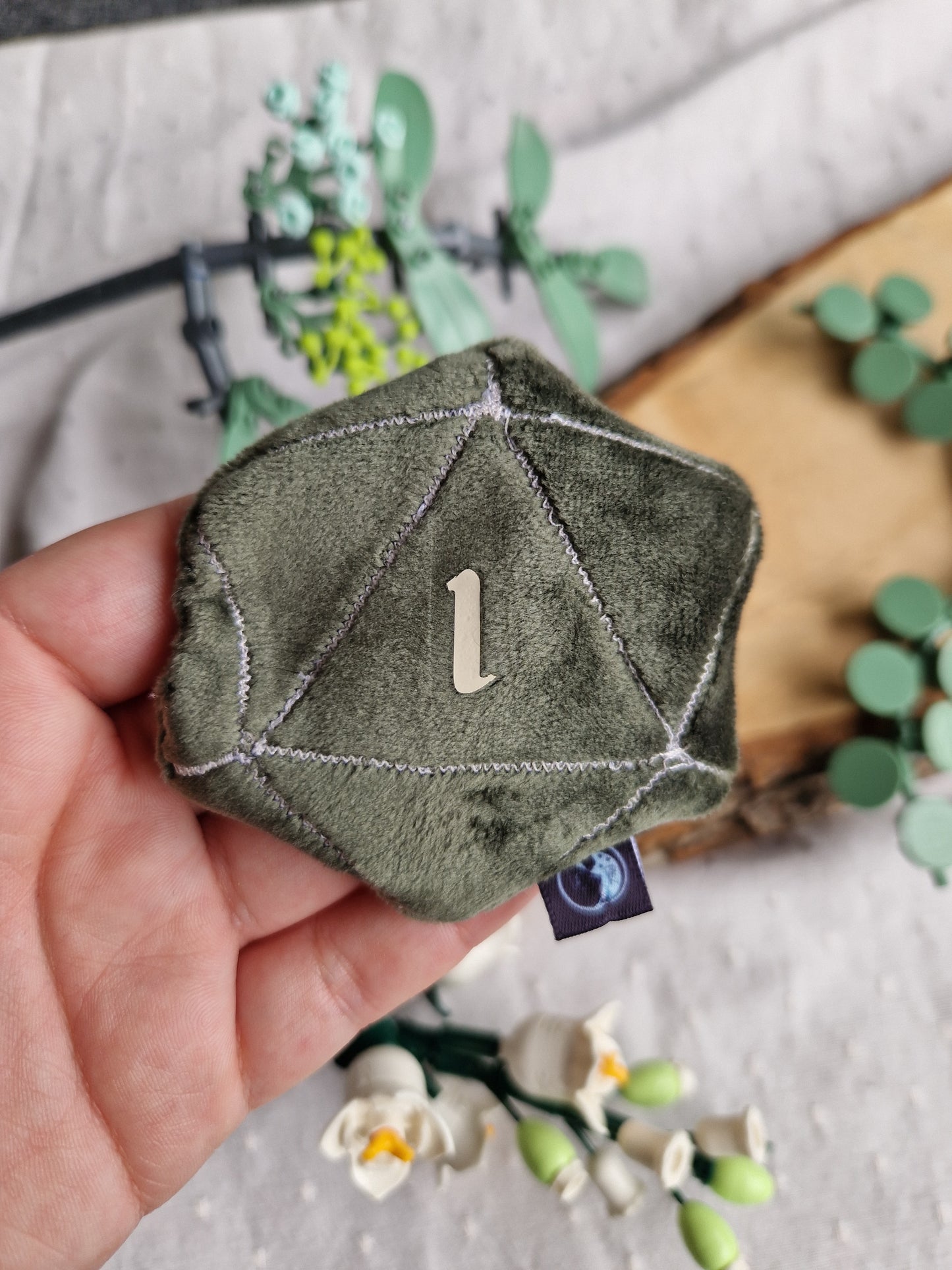 Dice D20 - fidget plush - dark green with white